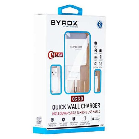 Syrox EU-10 Micro USB 18 Watt Hızlı Şarj Aleti Beyaz