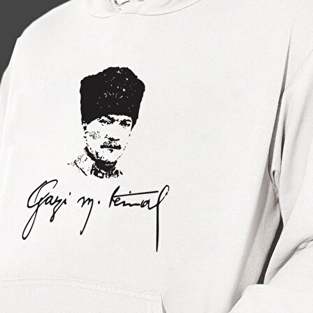 Atatürk Baskılı Cepli, Kapşonlu Beyaz Unisex Sweatshirt HK2296
