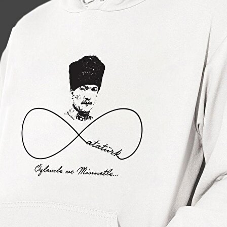 Atatürk Sonsuza Dek Baskılı Cepli, Kapşonlu Beyaz Unisex Sweatshirt HK2297