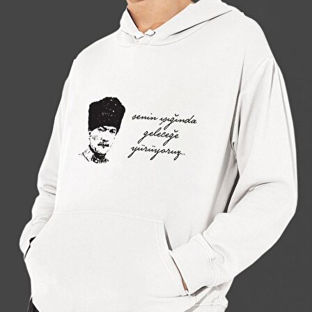 Atatürk Baskılı Cepli, Kapşonlu Beyaz Unisex Sweatshirt HK2299