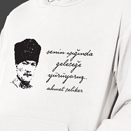 Atatürk Baskılı Cepli, Kapşonlu Beyaz Unisex Sweatshirt HK2299