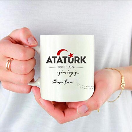 Kişiye Özel Atatürk ve Bayrak Baskılı Porselen Beyaz Kupa Bardak HK2305