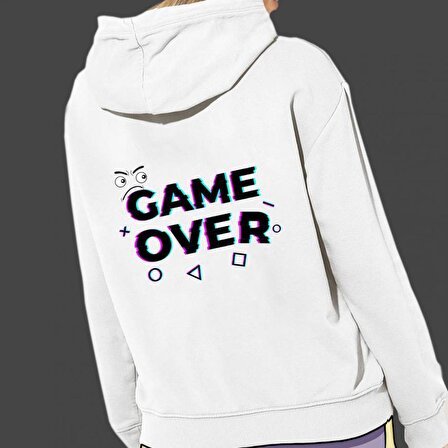 Game Over Baskılı Cepli, Kapşonlu Beyaz Unisex Sweatshirt HK2353