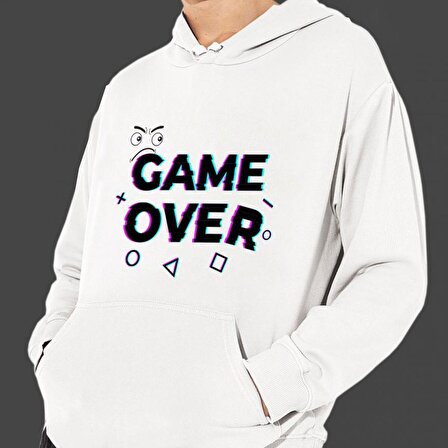 Game Over Baskılı Cepli, Kapşonlu Beyaz Unisex Sweatshirt HK2353