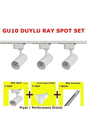 Mini Ray Spot Set Gu-10 Duylu Beyaz Kasa Beyaz Işık 3 Spot Lamba 1 Mt Ray 3 Gu10 6500k Led Ampul