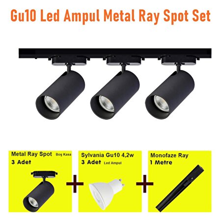 Mini Ray Spot Set Gu-10 Duylu Siyah Kasa Sarı Işık 3 Spot Lamba 1 Mt Ray 3 Gu10 3000k Led Ampul