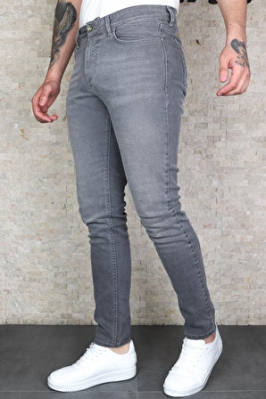 Erkek Koyu-Gri Slim Fit Dar Kesim Esnek Likralı Denim Jeans Kot Pantolon HLTVALGREY-K