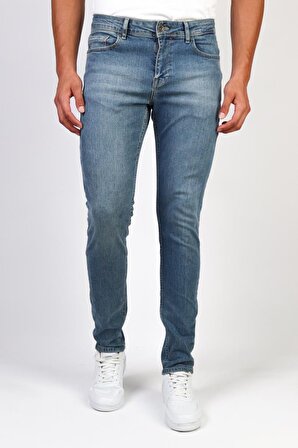 Erkek Açık Mavi Taşlamalı Slim Fit Denim Jeans Kot Pantolon HLTHE001943A