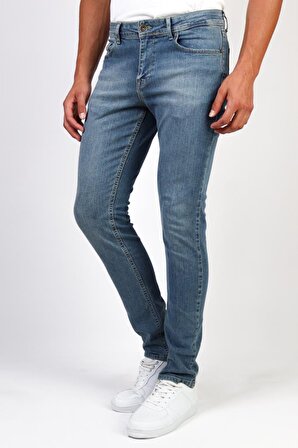 Erkek Açık Mavi Taşlamalı Slim Fit Denim Jeans Kot Pantolon HLTHE001943A