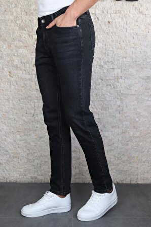 HLT JEANS Erkek Koyu Taşlamalı Siyah Slim Fit  Esnek Likralı Denim Jeans Kot Pantolon HLTHE001972