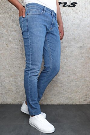 Erkek Orta Mavi Regular Fit Boru Paça Esnek Likralı Jeans Kot Pantolon HLTHE001975