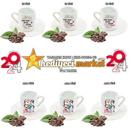 Kişiye Özel 2024 Yılbaşı Temalı Özel 6'lı Türk Kahvesi Fincanı (HMK-00024-03)