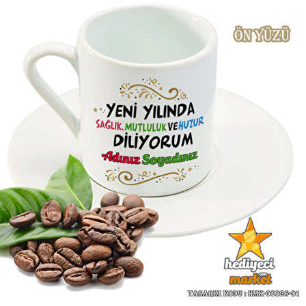Kişiye Özel 2024 Yılbaşı Temalı Beyaz 6'lı Türk Kahve Fincan Takımı - HMK-00026-01
