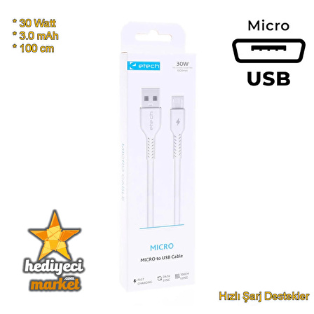 ETECH DK-010 3.0A 30W Micro USB Data Kablosu