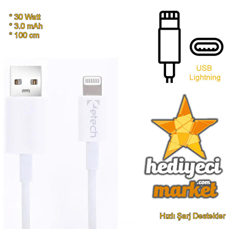 ETECH DK-012 3.0A 30W IP Lightning USB Data Kablosu