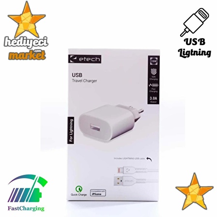 ETECH ETC-012 3.0A 15/18W Fast IP Lightning Şarj Cihazı