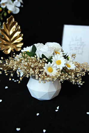 Beyaz Güller 3 Adet 25 Adet Papatya Başlıklı Yapay Çiçek Saksı Sevgiliye Hediye