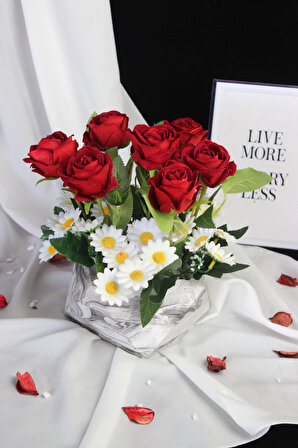 Çiçek Taş Saksı Kırmızı Güller 7 Adet & Papatya 25 Başlıklı Yapaylar Sevgiliye Hediye