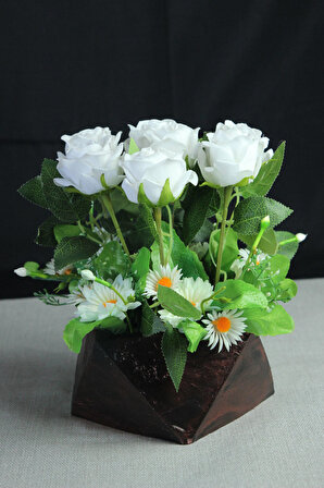 Çiçek Taş Rose Gölgeli Saksı Büyük Beyaz Güller 7 Adet & Papatya 25 Başlıklı Yapaylar