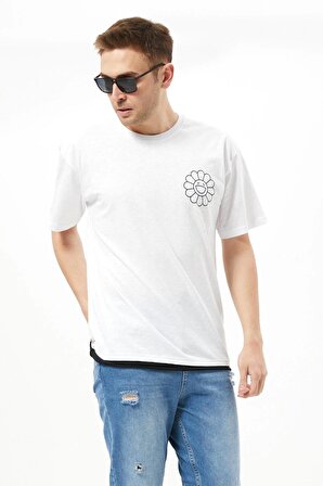 Sıfır Yaka Beyaz Desenli Erkek T-shirt