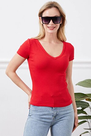 Kadın Kırmızı V Yaka Bluz