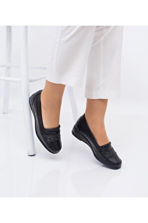 Siyah Düz Tam Ortopedi Deri Taban Günlük Anne Ayakkabısı