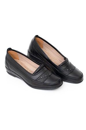 Siyah Düz Tam Ortopedi Deri Taban Günlük Anne Ayakkabısı