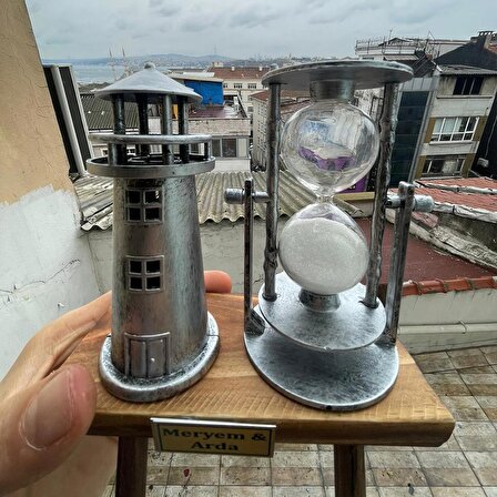 Kişiye Özel Dekoratif Deniz Feneri Tasarımlı Kum Saati-Gri