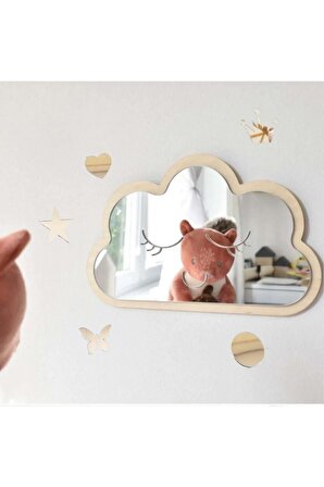 Ahşap MDF üzerine Pileksi Ayna Sevimli Gülen Yüz Bulut Dekoratif Çocuk Odası Ayna