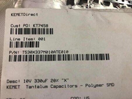 Kemet 10V 330uF Tantalum-Polymer Kapasitör T530X337M010ATE010 18 Adet