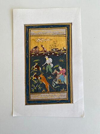 Kaplanla Geyik Avı Temalı El Yapımı Minyatür Resim 20,5x12 cm