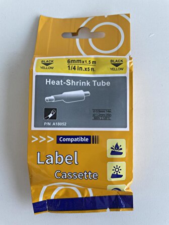 Isıyla Küçülen Şerit Etiket - Etiket Kaseti 6mm x 1,5 m Siyah/Sarı A18052