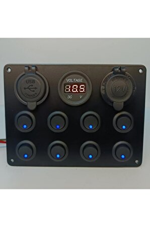 Switch Panel 8'li Usb, Çakmaklık, Voltmetre, Işıklı Sigortalı