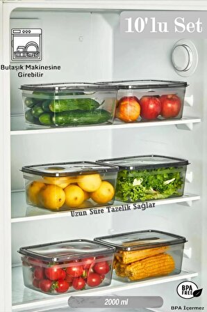 10 Adet Huge Füme 2 Lt Buzdolabı Saklama Kabı Sebze Meyve Vb Derin Dondurucuya Uygun