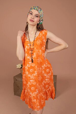 Kadın Oranj Viskon Kumaş Batik Desen Sıfır Kol Midi Kadın Elbise