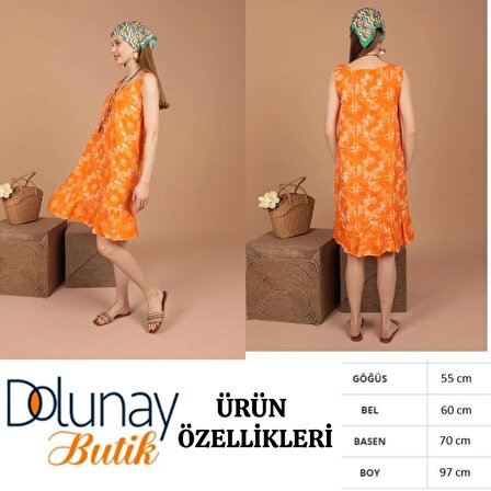 Kadın Oranj Viskon Kumaş Batik Desen Sıfır Kol Midi Kadın Elbise