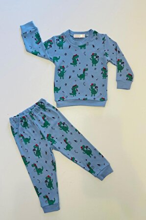 Erkek Bebek Dinazor Baskılı Mavi Yumuşak Pijama Takımı