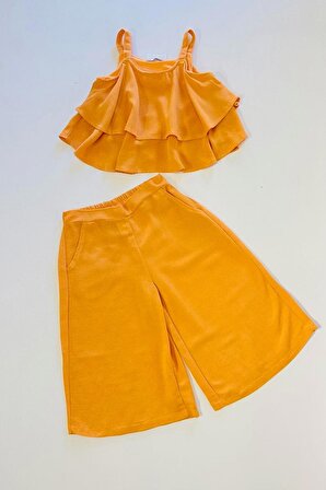 Kız Çocuk %100 Viskon Kumaş Katlı Bluz ve Kısa Pantolon Takım