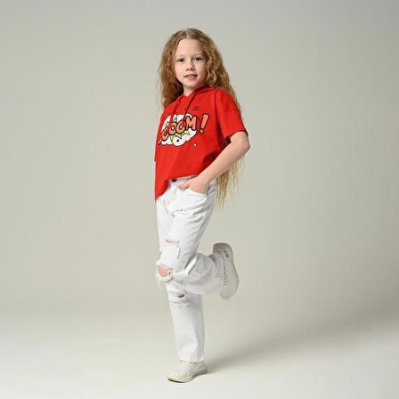 Kız Çocuk Boom Kapüşonlu Crop Tişört