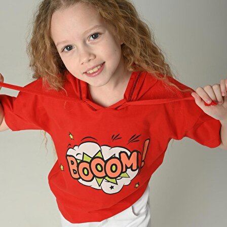 Kız Çocuk Boom Kapüşonlu Crop Tişört