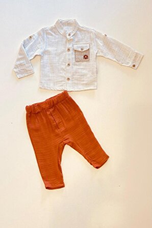 Erkek Bebek Happy Days %100 Pamuk Kumaş Gömlek Pantolon Takım