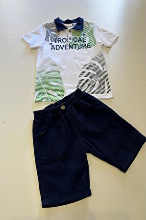 Erkek Çocuk Adventure Yakalı Tişört Beli Lastikli Şort Takım