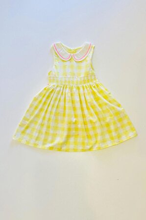 Kız Çocuk Kareli Bebe Yaka Beli Kuşaklı Neon Detaylı Elbise 