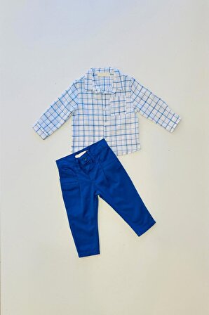 Erkek Bebek Kareli Gömlek Belden Ayarlı Pantolon Takım