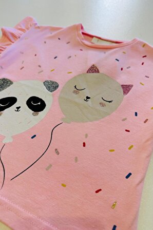 Kız Bebek Panda Balon Kolları Fırfırlı Tişört