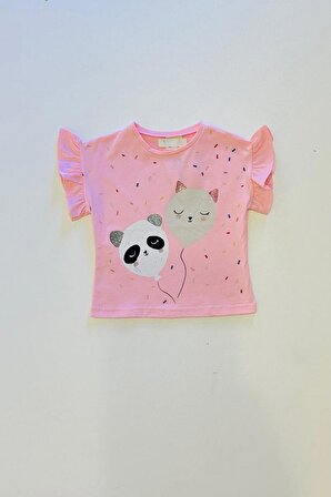 Kız Bebek Panda Balon Kolları Fırfırlı Tişört