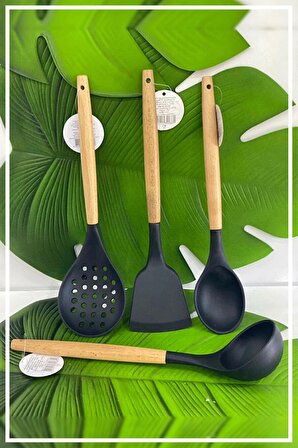 Bambu Saplı Silikon Kaşık & Kepçe & Kevgir & Spatula 4'lü Set - Siyah