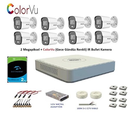 Hikvision 2mp 8 kameralı Dış ortam AHD HD-TVI ColorVu Gece Renkli Kamera Seti 2TB Disk