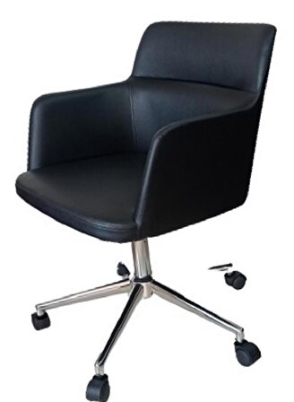Büro Koltuğu Çalışma Sandalyesi Krom Yıldız Ayaklı Döküm Süngerli Siyah Suni Deri