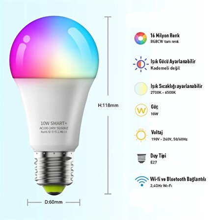 İgotech RGB - Günışığı - Beyaz Akıllı Led Ampül Wifi Bluetooth Mobil ve Kumanda Kontrollü